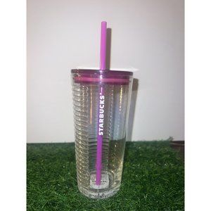 Starbucks 2022 Ribbed Clear And Pink Fushia Tumbler With Straw 18oz